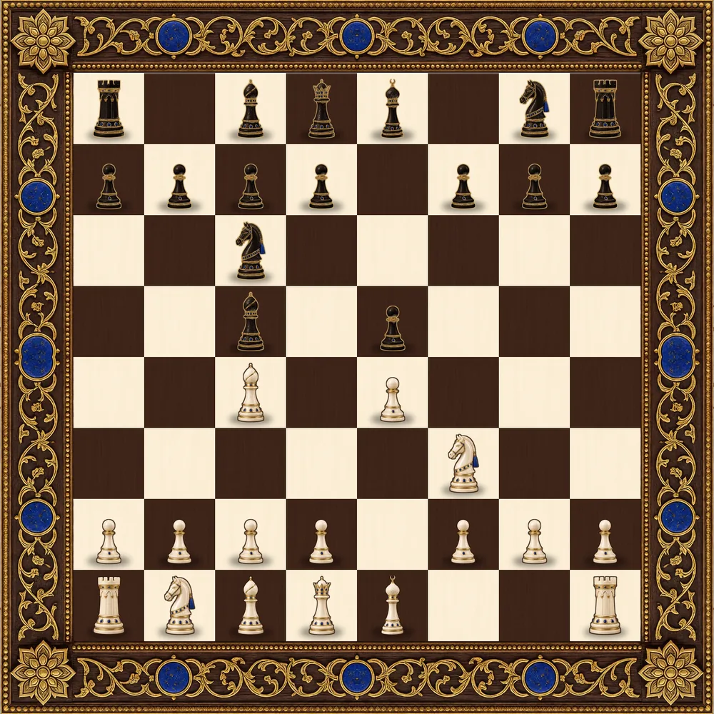 The North Sultan: Satranç board: walnut and ivory squares in a carved gold frame set with lapis, ivory and ebony pieces in an Italian Game position
