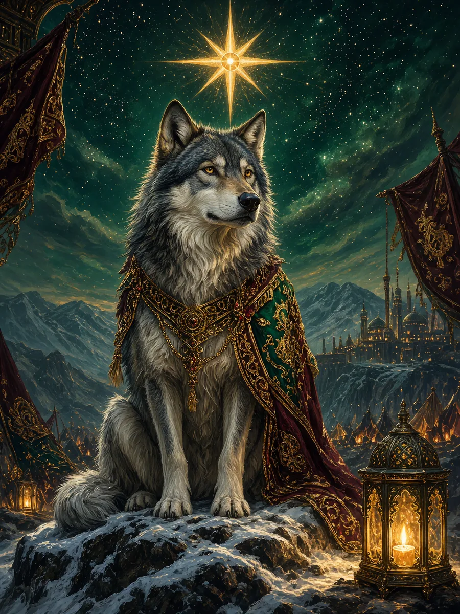 A gray she-wolf with amber eyes sitting on a snowy rock; behind her a starry sky and the eight-pointed Pole Star