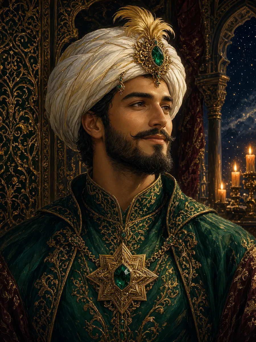 Beyaz sarığında zümrüt ve altın tüy, göğsünde sekiz köşeli yıldız madalyonu olan Sultan Aybars'ın portresi