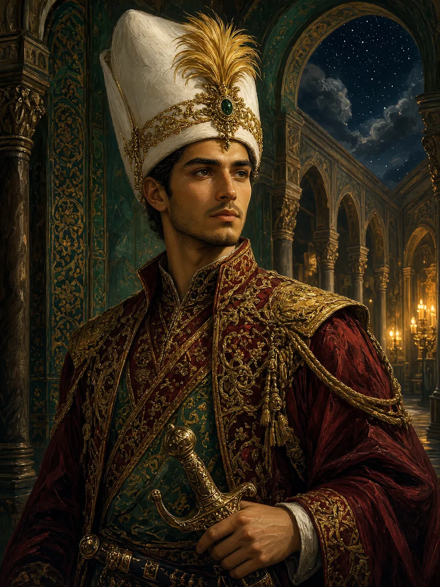 The young janissary Doğan, in a white börk with a golden plume and a red-and-gold uniform, rests his hand on the hilt of his sword, his gaze loyal