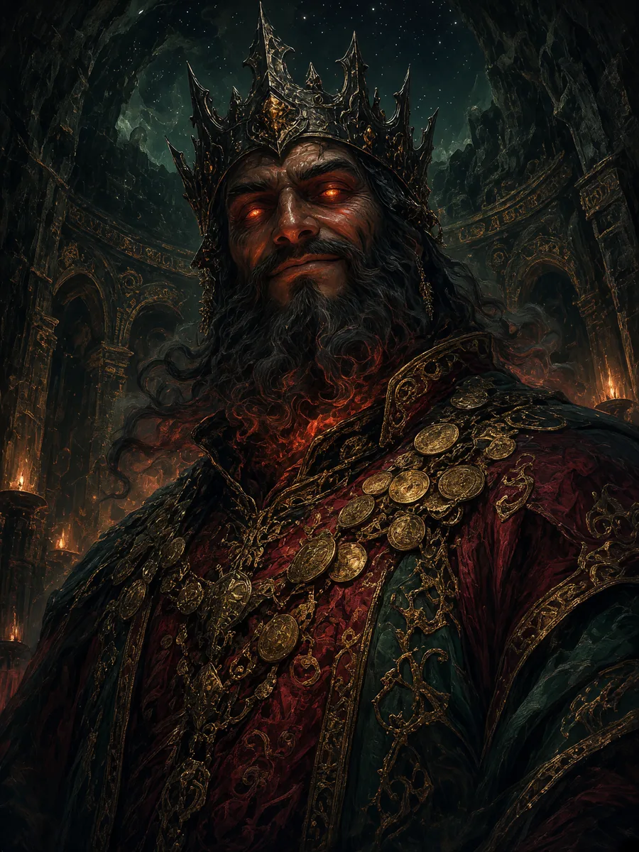 Portrait of Erlik Han with a black iron crown, a beard of smoke, eyes like embers, and gold coins sewn onto his robe