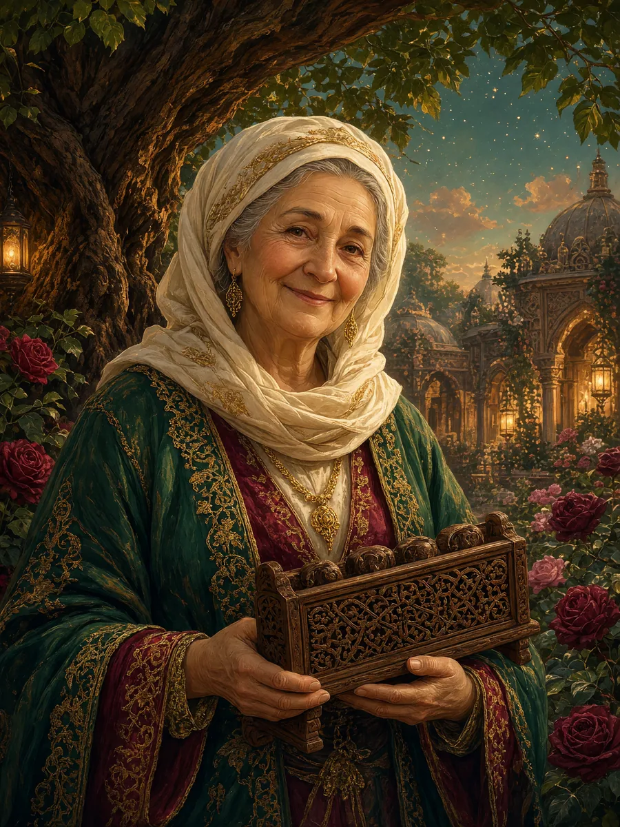 Smiling Fatma Nine in a white headscarf stands beside an old walnut tree among roses, holding a carved walnut rack in her hands