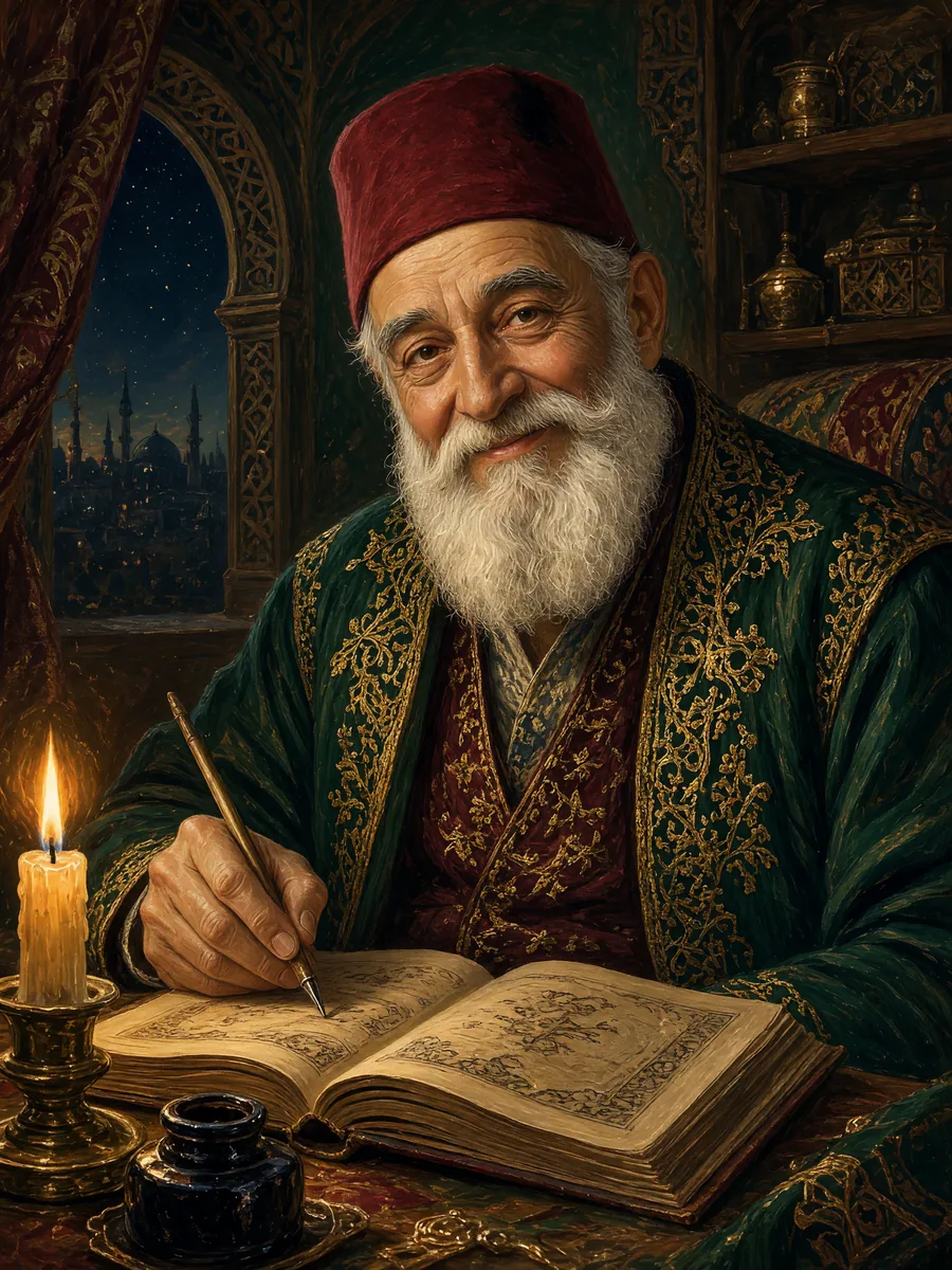 Kırmızı fesli, ak sakallı Hasan Efendi mum ışığında elinde kamış kalemle açık bir deftere yazıyor