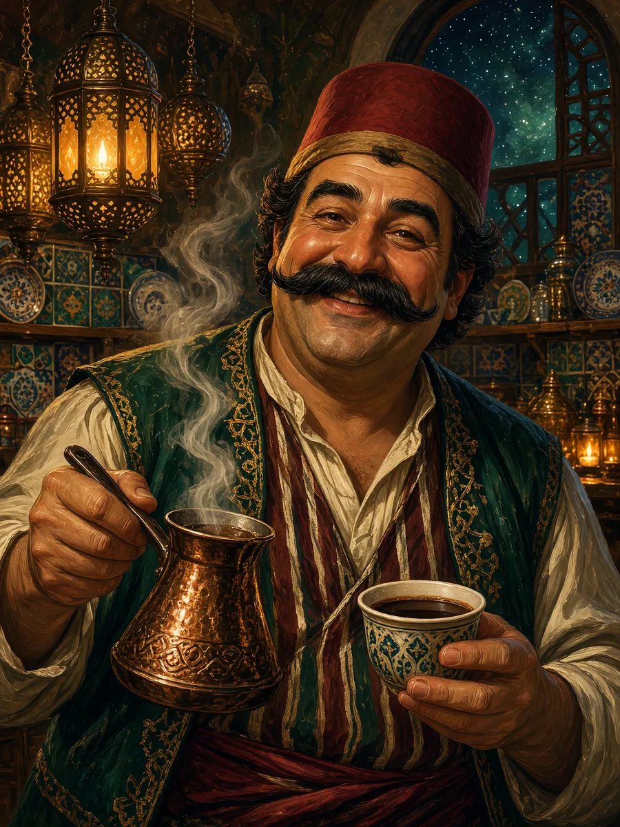 Kahveci Mustafa, with a thick black mustache, a red fez and a striped apron, holds a copper cezve and a steaming cup