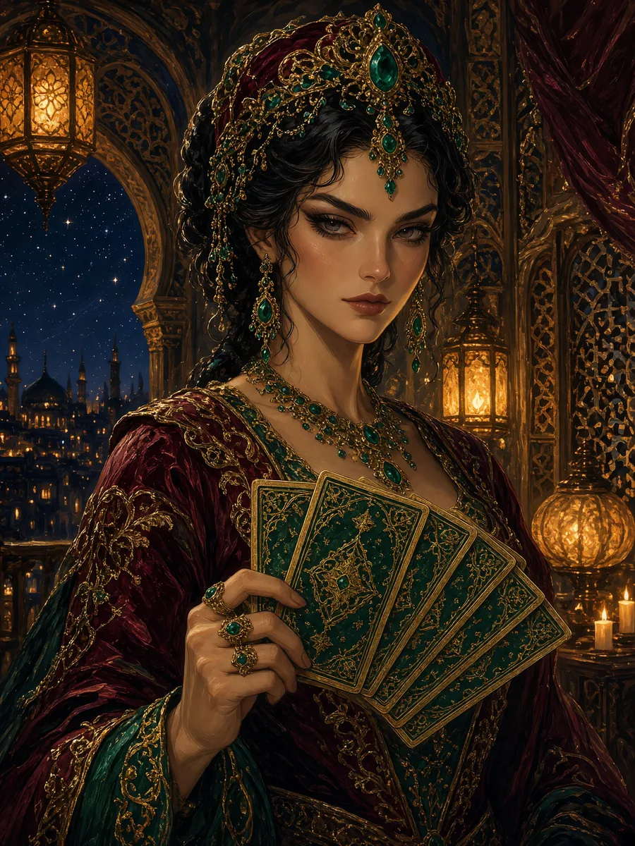 Nilüfer Sultan in a jewelled headdress and a burgundy and gold gown fans out her emerald-backed cards, her gaze sharp