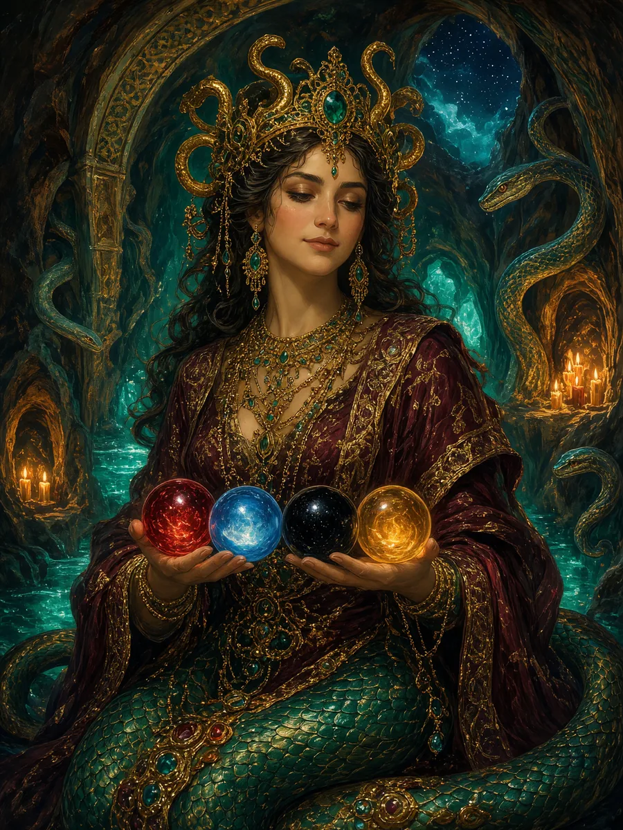 Şahmeran in a golden serpent crown, an emerald serpent's tail below the waist, holding four spheres of light in red, blue, black and yellow; a cave lit with turquoise light