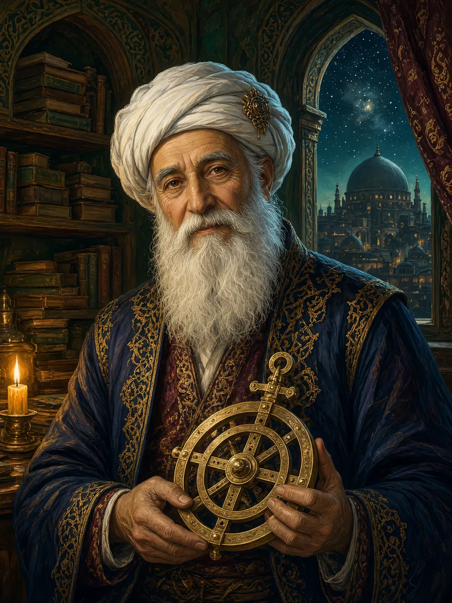 Sina Hoca, white-bearded, in a white turban and a midnight-blue robe, holding a brass astrolabe; behind him, books and the great dome
