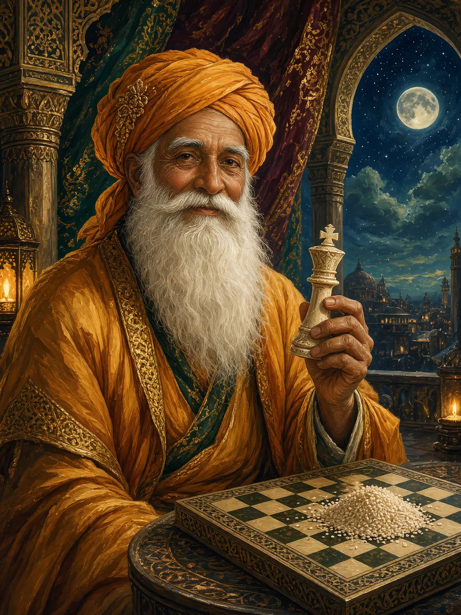 Sissa Dede, in a saffron robe and turban with a white beard down to his waist, holds an ivory chess shah; beside him lies a chessboard scattered with grains of rice