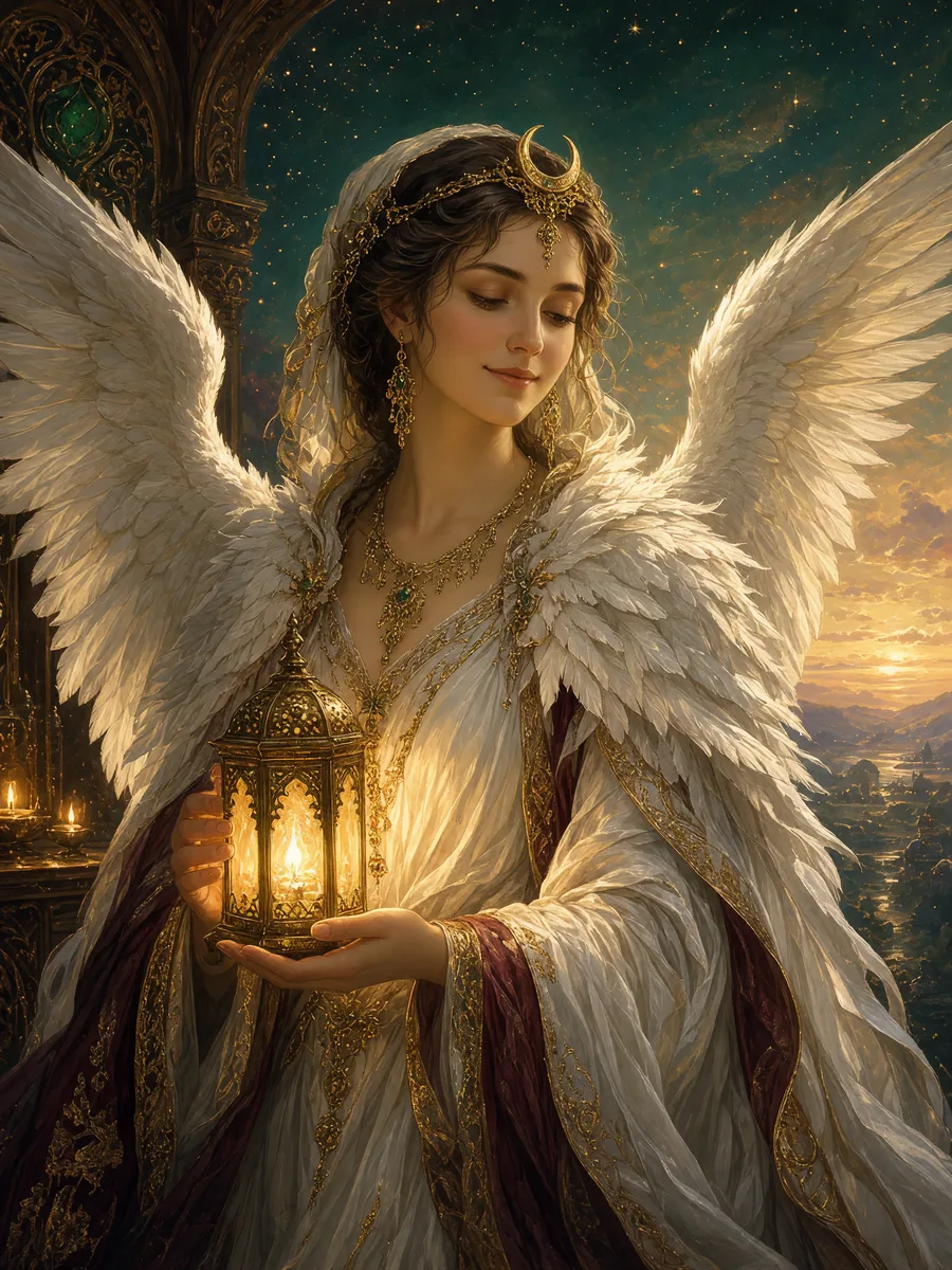 Radiant Umay Ana in a cloak of swan feathers, a golden crescent on her brow, holding a small lantern; white wings behind her