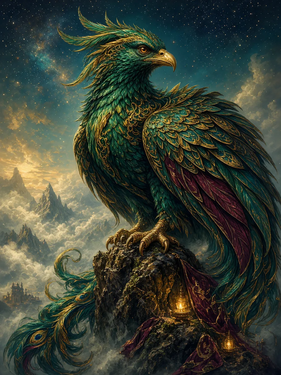 A giant legendary bird with emerald and gold plumage, a long tail and a wise gaze, on the misty summit of Mount Kaf