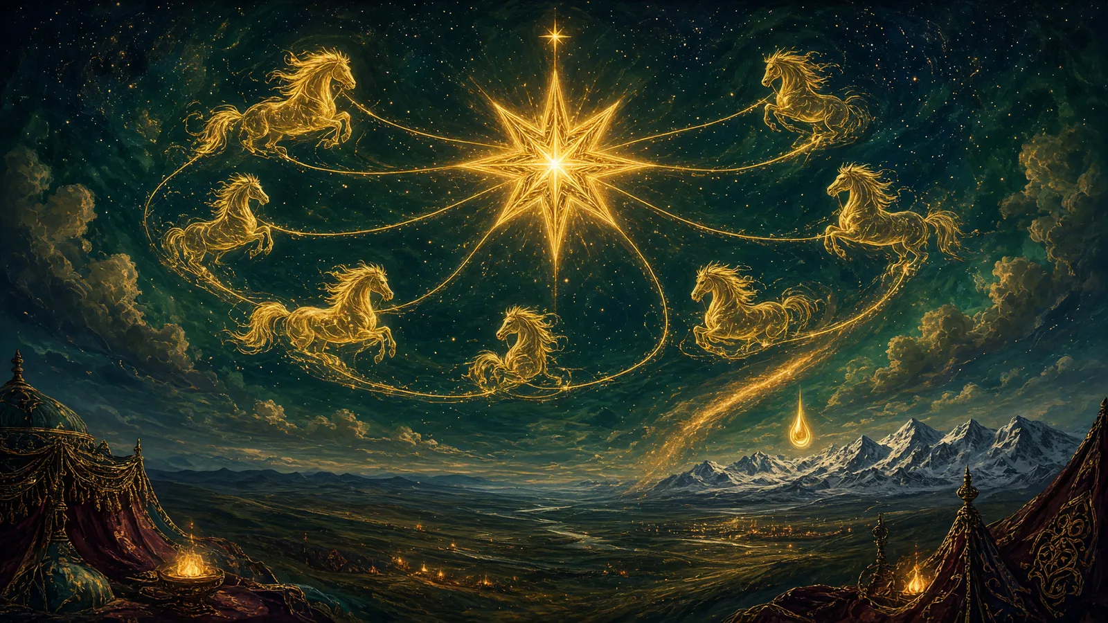 Above the steppe, the eight-pointed star of the Iron Stake with seven heavenly horses tethered to it, and a shining tear breaking away from it and falling toward the mountains