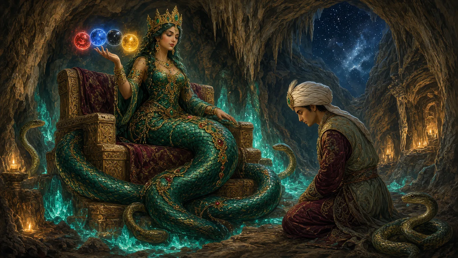 In a cave of turquoise light, crowned Şahmeran with her serpent's tail holds four orbs of light, red, blue, black and yellow; Aybars kneels before her