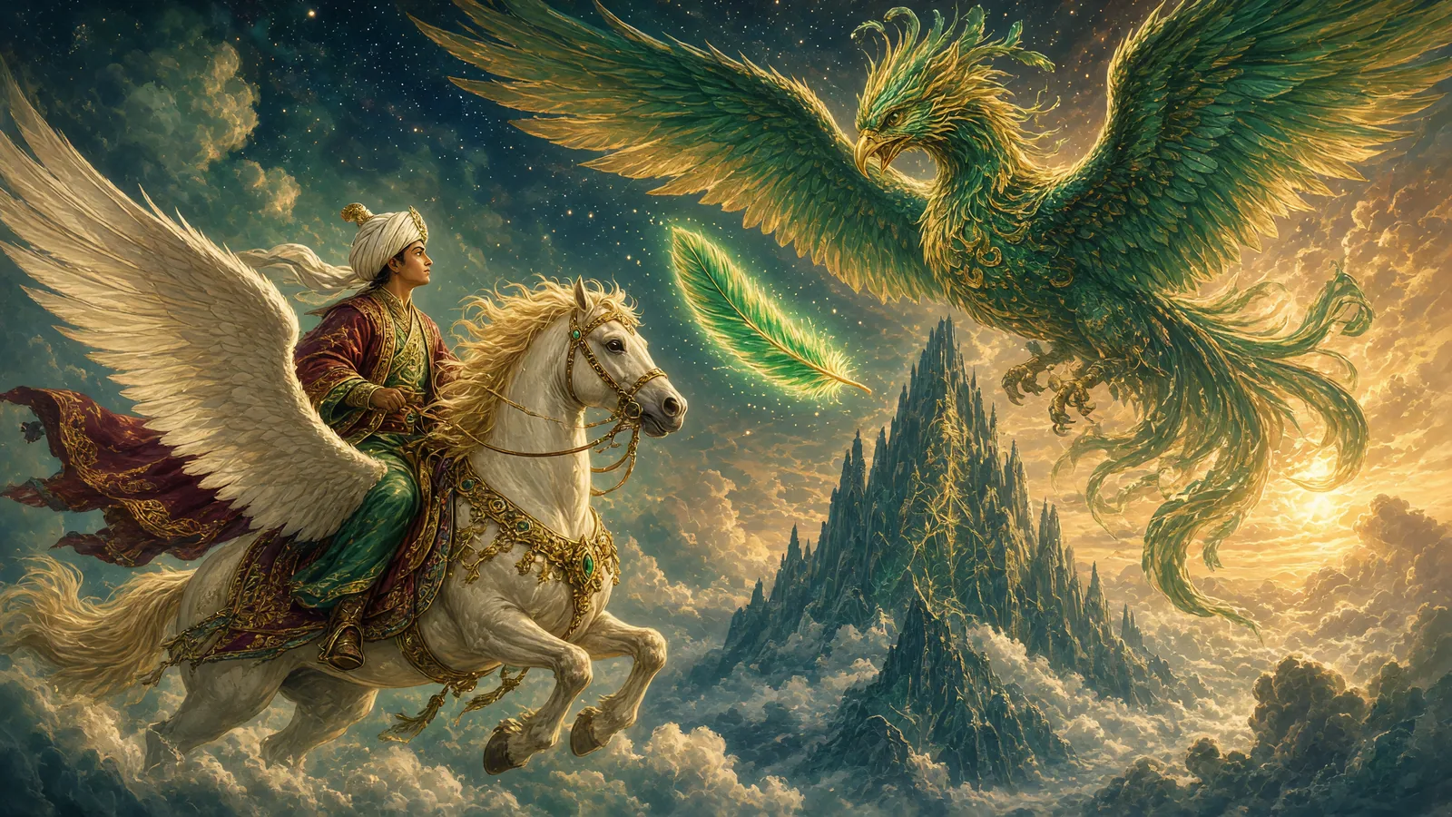 Aybars rides a winged white horse through the clouds at sunrise toward the giant emerald-and-gold bird on the summit of Mount Kaf; a glowing emerald feather drifts on the air