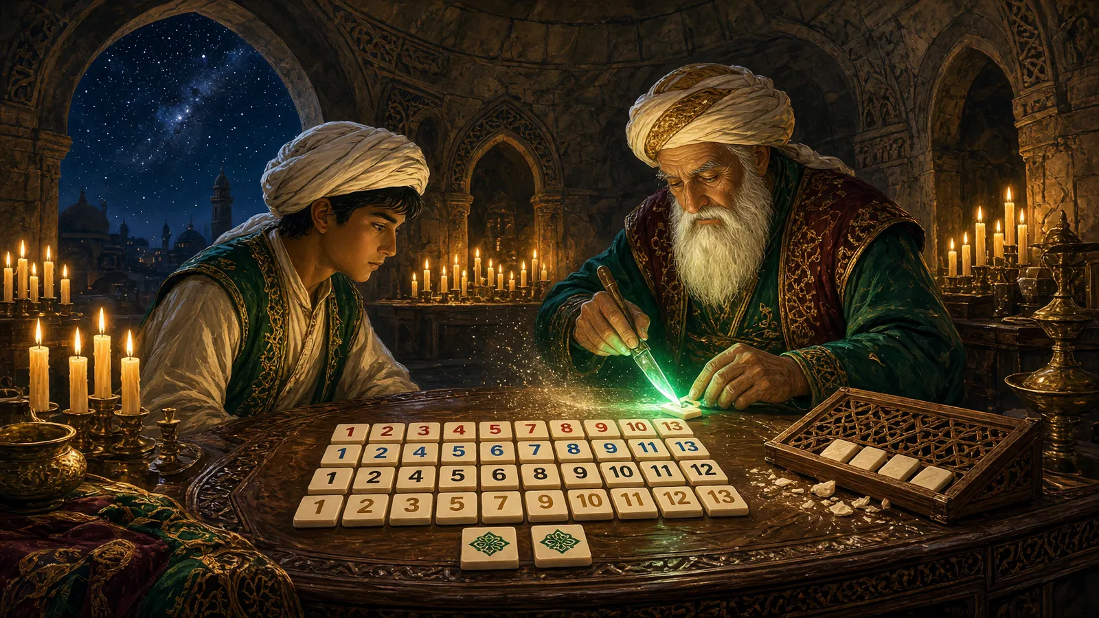 In a domed workshop lit by forty candles, ivory okey tiles with red, blue, black and yellow numerals are laid out on a walnut table; Aybars and Sina Hoca carve the stone with a blade that sheds a green light