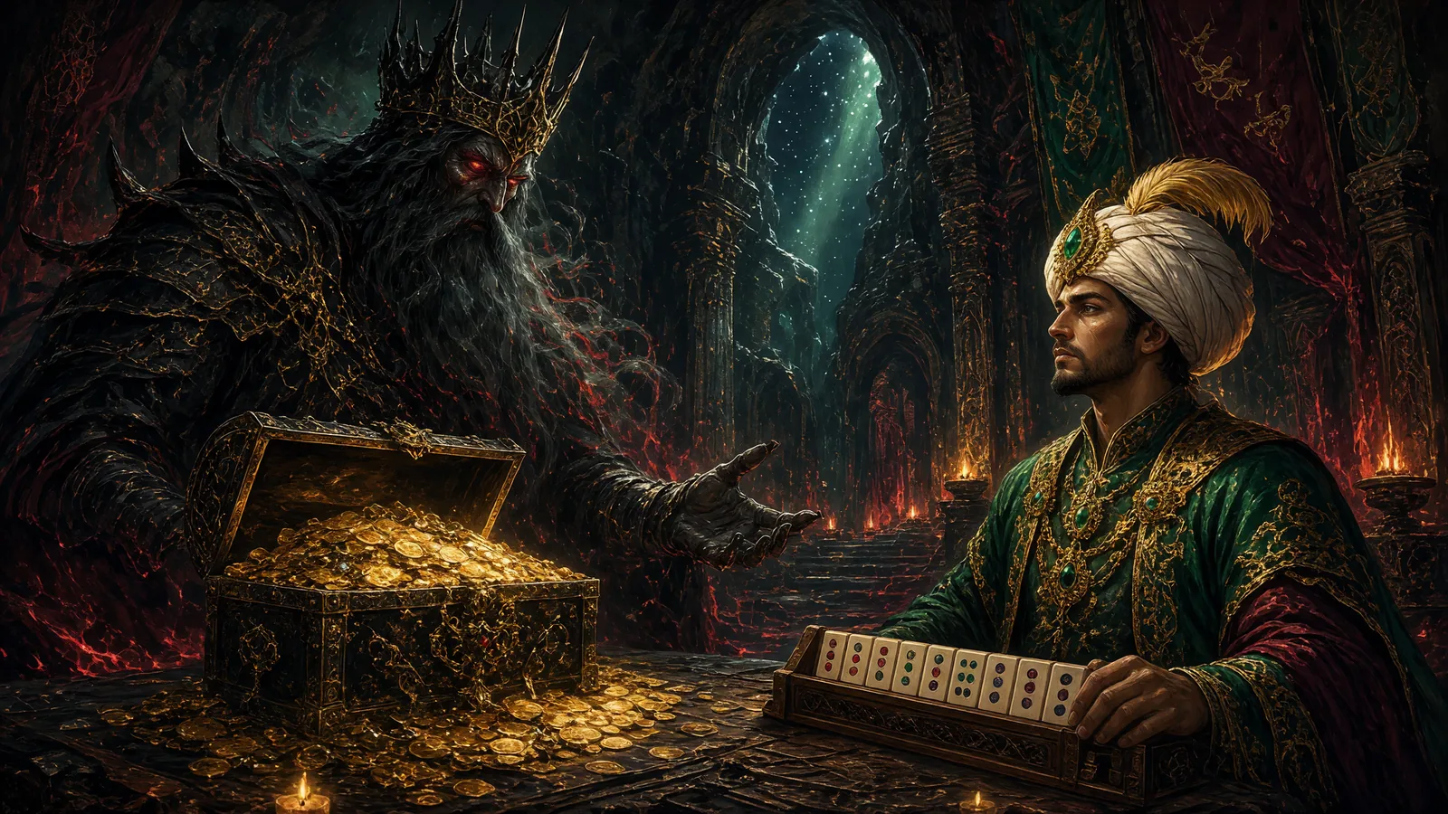 In an underground hall of black basalt and glowing embers, Erlik Han in an iron crown pushes a chest full of gold across the table; Aybars, his hand resting on an okey rack, refuses with resolve