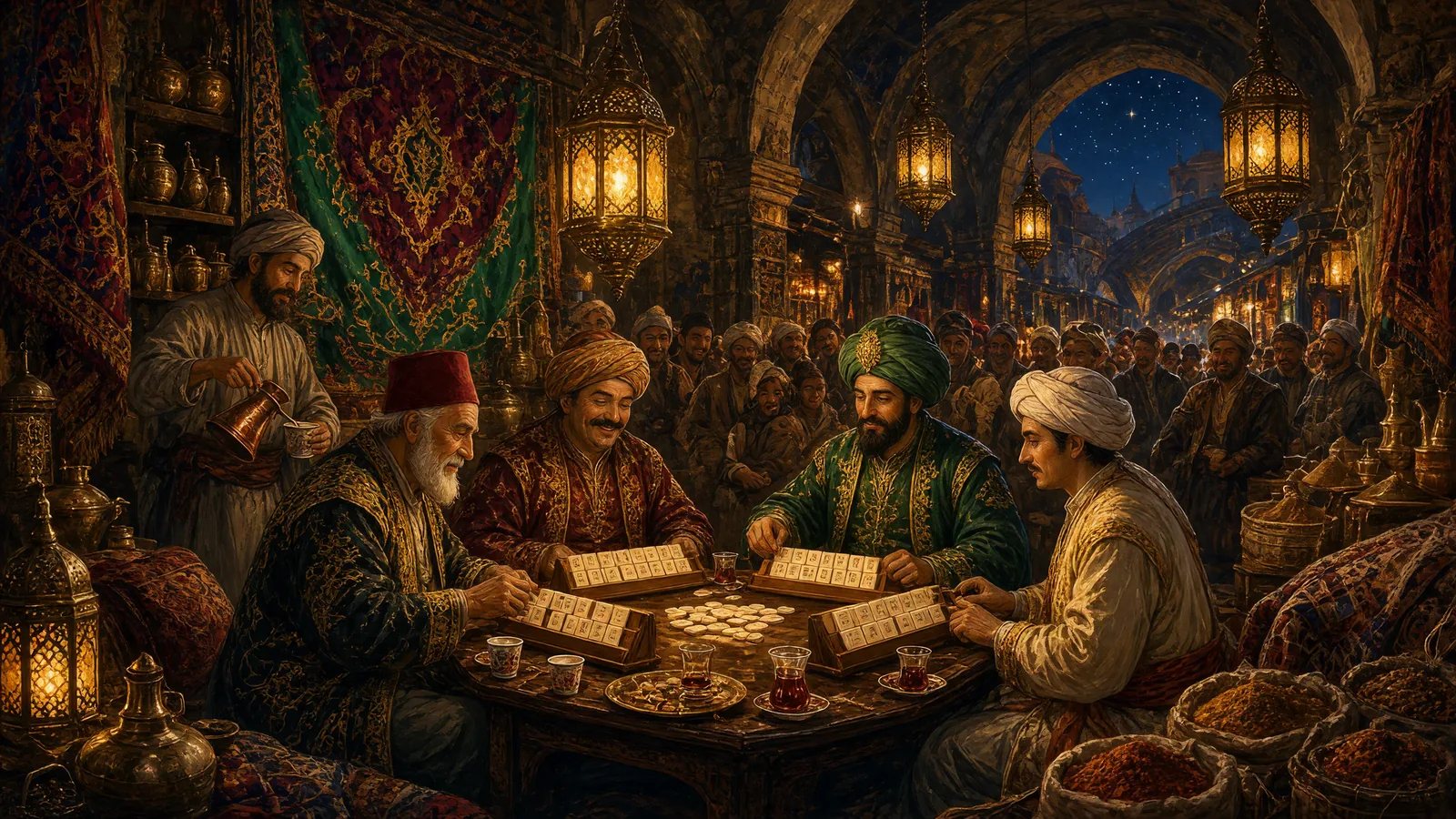 In a small coffeehouse of the lantern-lit Grand Bazaar, an old man in a fez, a mustached merchant, a pasha in a green turban and a young man in a white turban play okey, while a cheerful crowd gathers around them