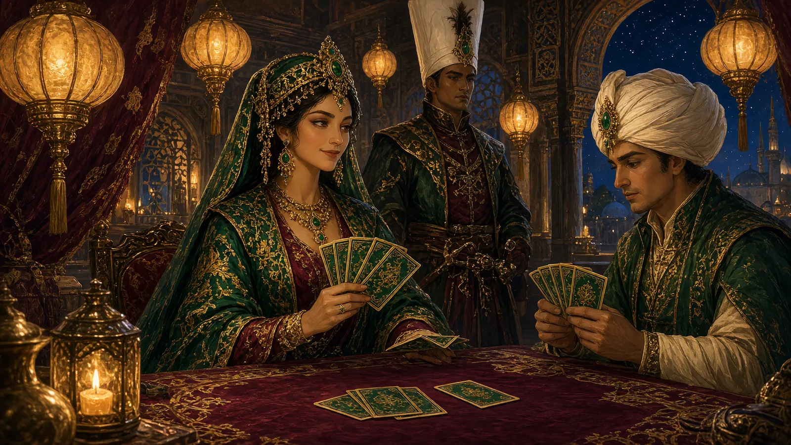 In a palace room hung with paper lanterns, Nilüfer Sultan in a jewelled headdress lays out her emerald-backed cards, the young janissary Doğan in a white börk keeps watch behind her, and Aybars holds his cards across from her