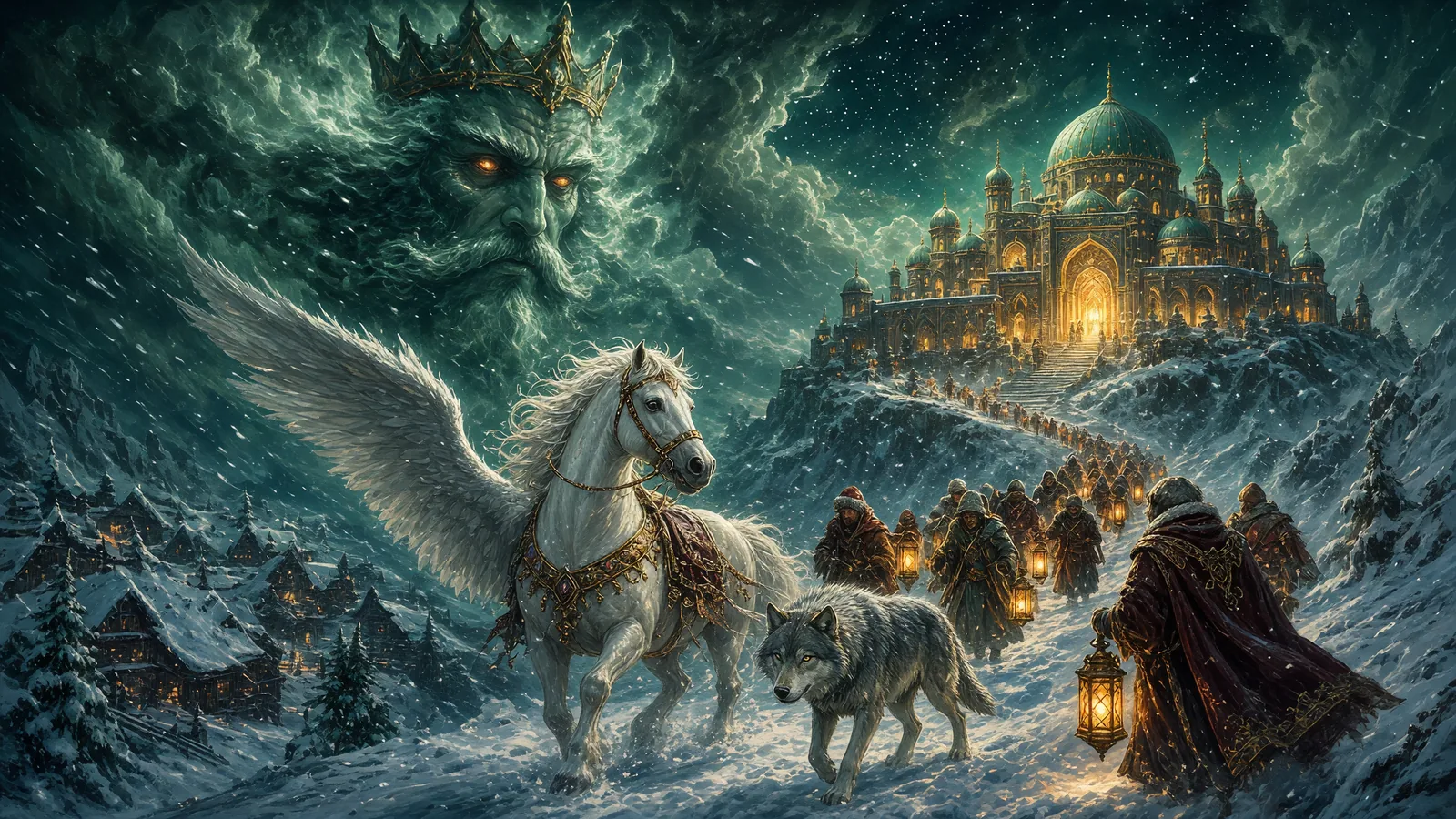 A northern village buried under an enchanted blizzard, a crowned cloud-face with ember eyes looming in the sky; the palace on the hill glows with lanterns, and a winged white horse and a gray wolf lead lantern-bearing travelers toward the light