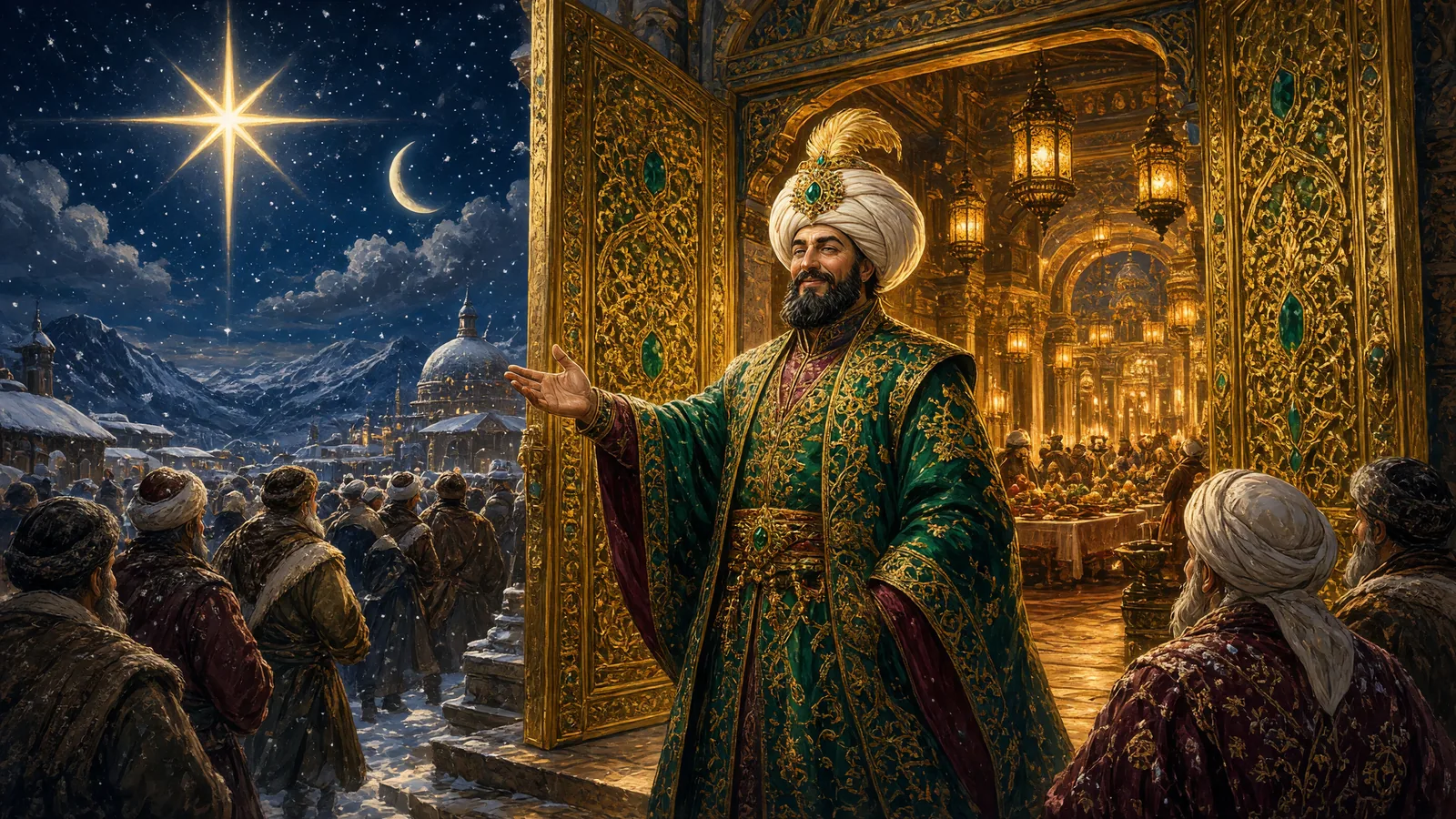 Taç giymiş Sultan Aybars, üstünde sekiz köşeli Kutup Yıldızı ve hilal parlayan muhteşem kuzey sarayının ardına kadar açık altın kapılarında halkı içeri buyur ediyor
