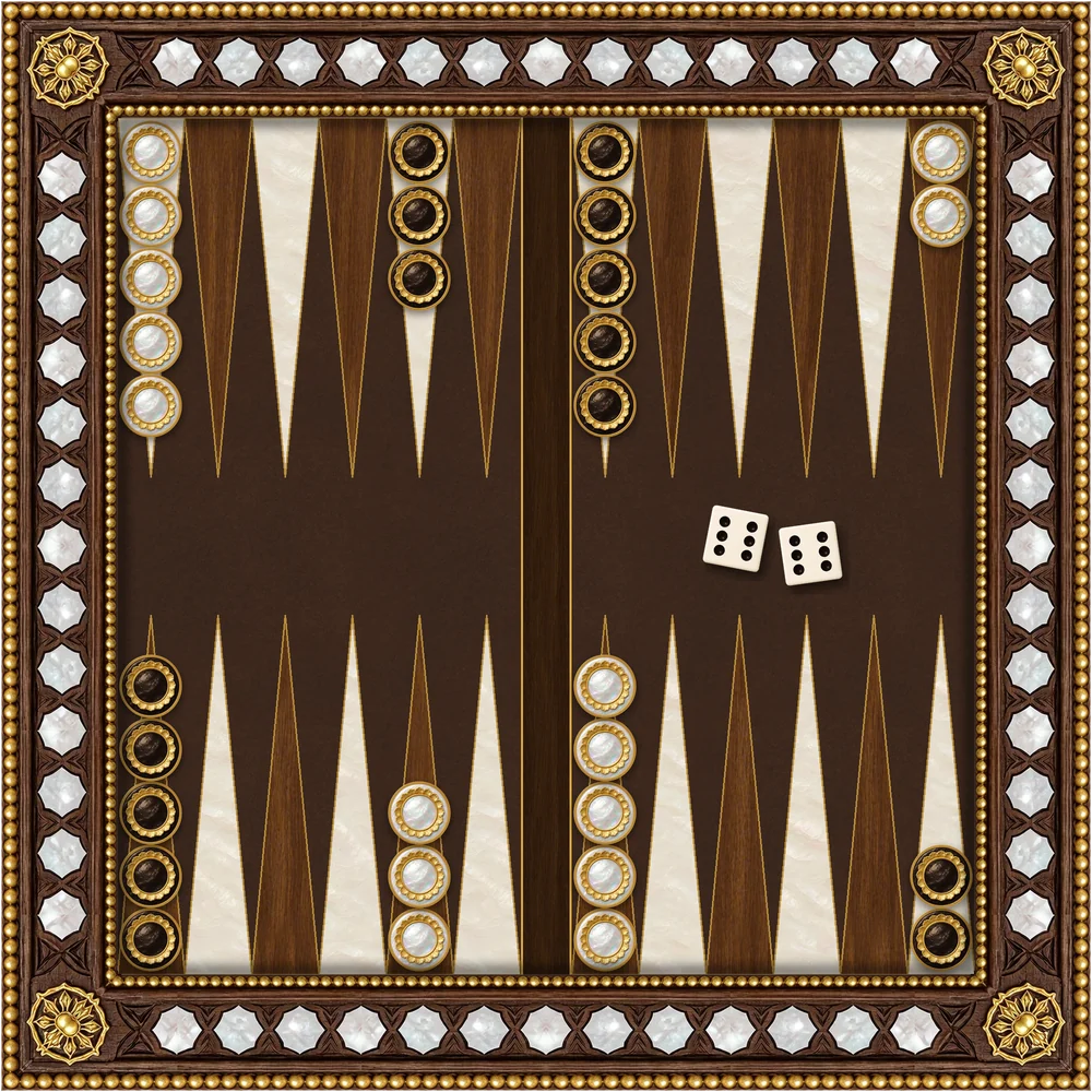 The North Sultan: Tavla board: an open tavla box with long points inlaid in mother-of-pearl and walnut, thin gold lines and a hinged bar in the middle