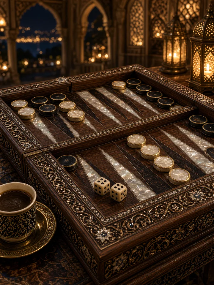 North Sultan: Tavla: an open walnut tavla box inlaid with mother-of-pearl in candlelight, with ivory dice and mother-of-pearl and ebony checkers